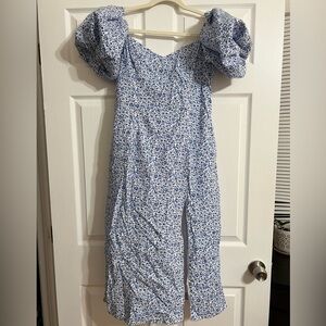 Blue and White floral midi dress with a slit